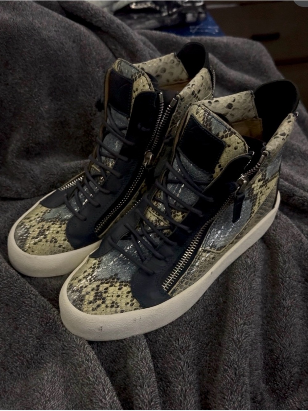 Giuseppe Zanotti Double Zip High-Top Sneakers in Navy and Beige Snake Print